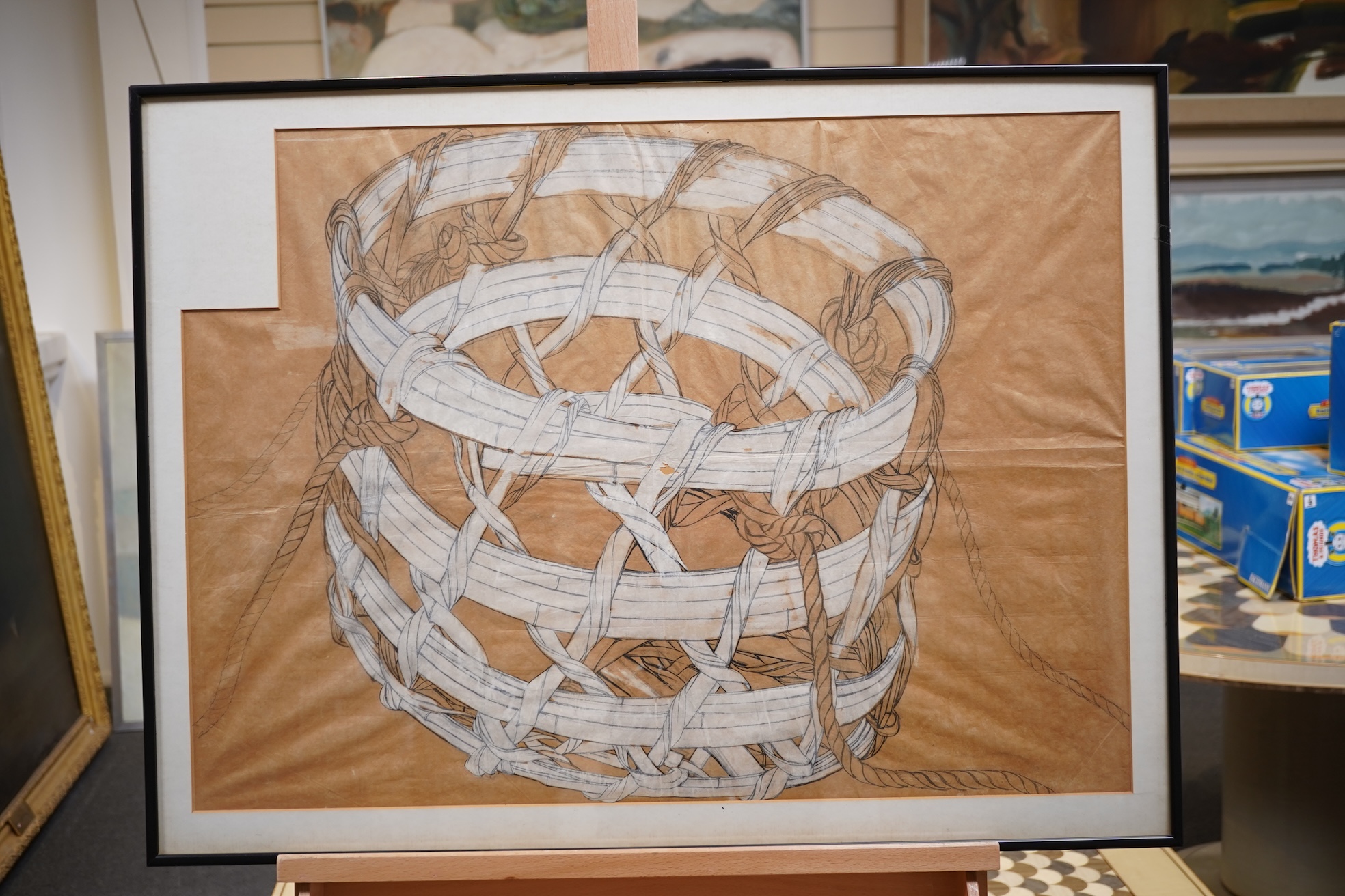 20th century school, study of a basket, unsigned, heightened mixed media, 53 x 73cm